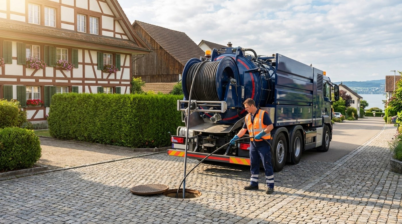 Saug-Spülfahrzeug der Kanalreinigung im Einsatz in einem Wohnquartier am Zürichsee