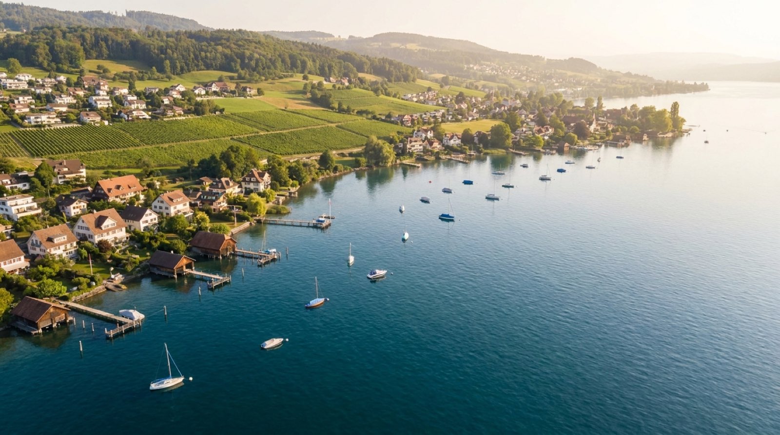Luftaufnahme der Goldküste am Zürichsee mit Seeufer, Bootsstegen und Rebbergen